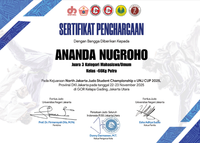 Juara 3 Kategori Mahasiswa/Umum Kelas-66Kg Putra North Jakarta Judo Student Championship x UNJ CUP 2025